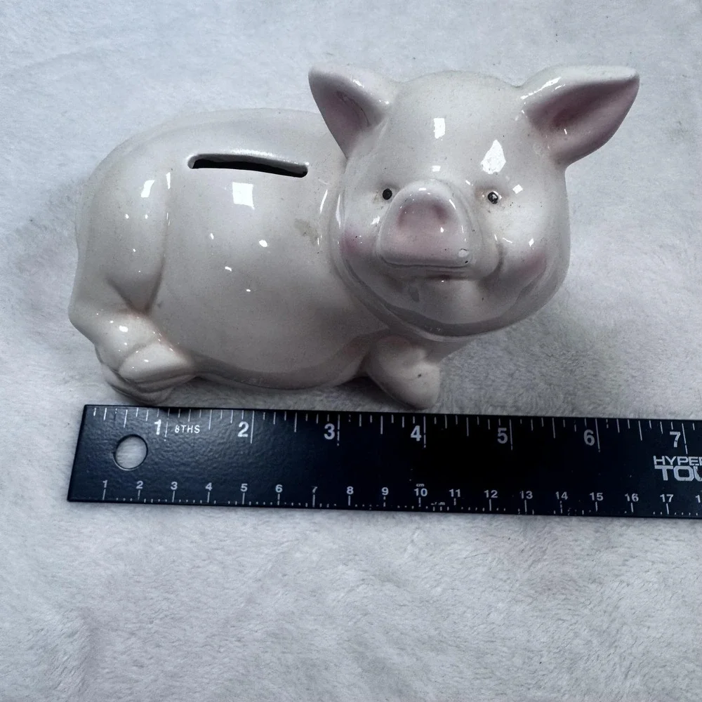 Ceramic Piggy Bank Coin Money Box Cute White Pink‎ Pig Figurine 6 Inch Decor